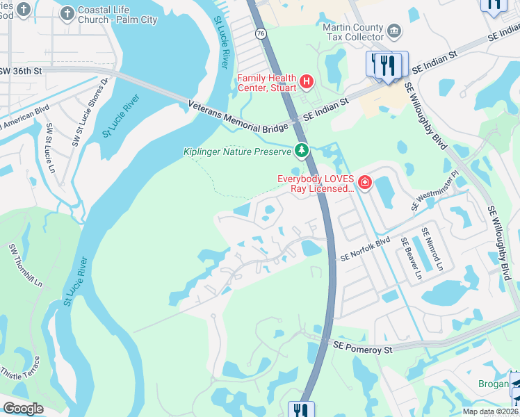 map of restaurants, bars, coffee shops, grocery stores, and more near 195 Southwest Walking Path in Stuart