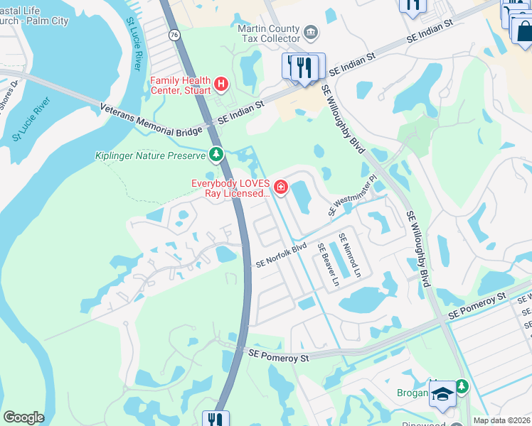 map of restaurants, bars, coffee shops, grocery stores, and more near 4329 Southeast Hamilton Lane in Stuart