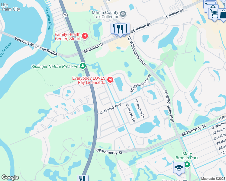 map of restaurants, bars, coffee shops, grocery stores, and more near 1082 Southeast Westminster Place in Stuart