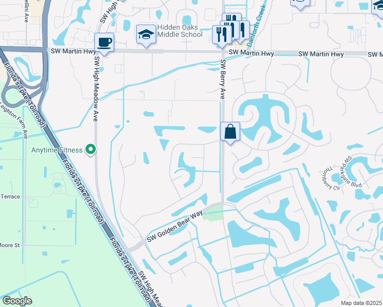 map of restaurants, bars, coffee shops, grocery stores, and more near 2538 Southwest Park Meadows Trail in Palm City