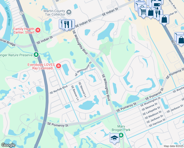 map of restaurants, bars, coffee shops, grocery stores, and more near 4248 Southeast Cove Lake Circle in Stuart