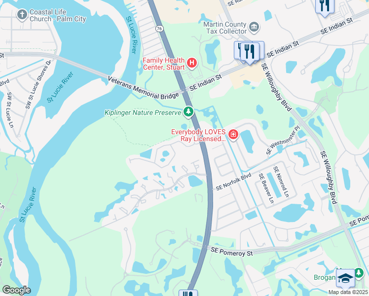 map of restaurants, bars, coffee shops, grocery stores, and more near 132 Southwest Otter Run Place in Stuart