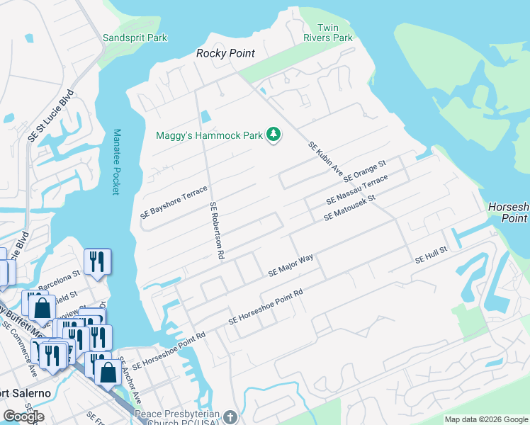 map of restaurants, bars, coffee shops, grocery stores, and more near 5080 Southeast Pine Ridge Way in Stuart