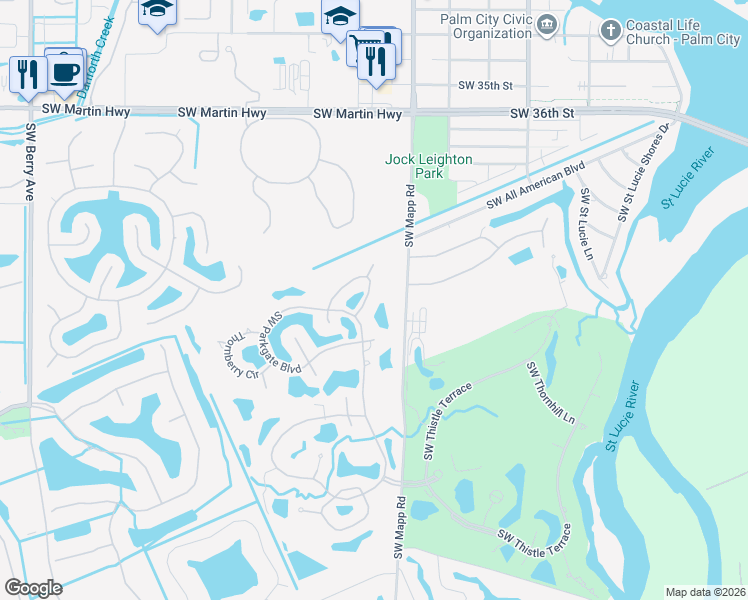 map of restaurants, bars, coffee shops, grocery stores, and more near 4054 Southwest Gleneagle Circle in Palm City