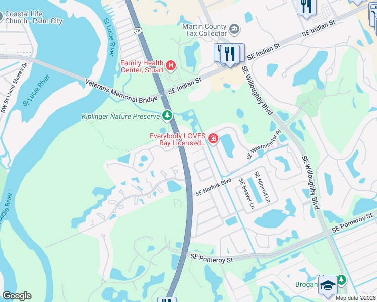 map of restaurants, bars, coffee shops, grocery stores, and more near 52 Southeast Cayuga Terrace in Stuart