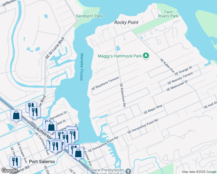 map of restaurants, bars, coffee shops, grocery stores, and more near 4709 Southeast Bayshore Terrace in Stuart
