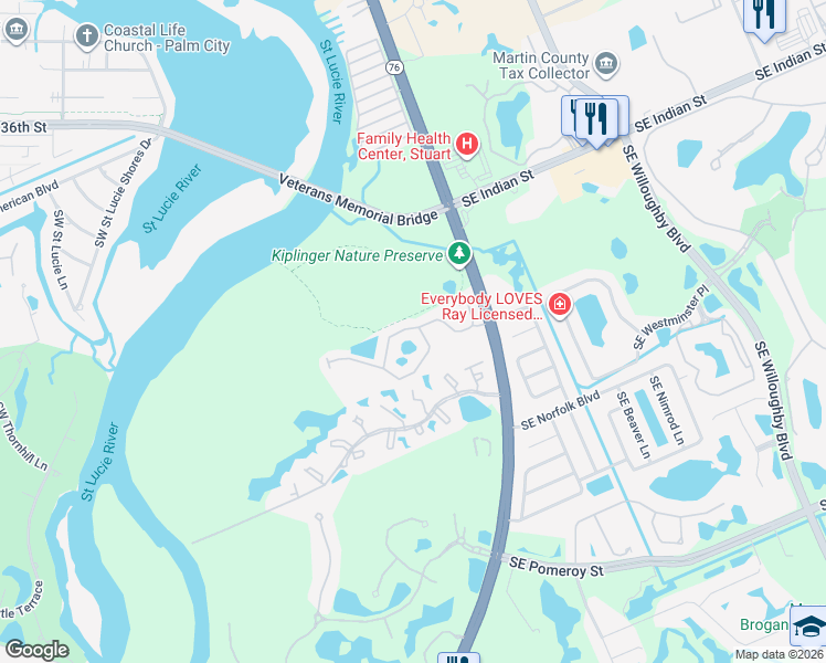 map of restaurants, bars, coffee shops, grocery stores, and more near 232 Southwest Otter Run Place in Stuart