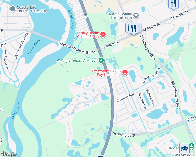 map of restaurants, bars, coffee shops, grocery stores, and more near 144 Southwest Otter Run Place in Stuart