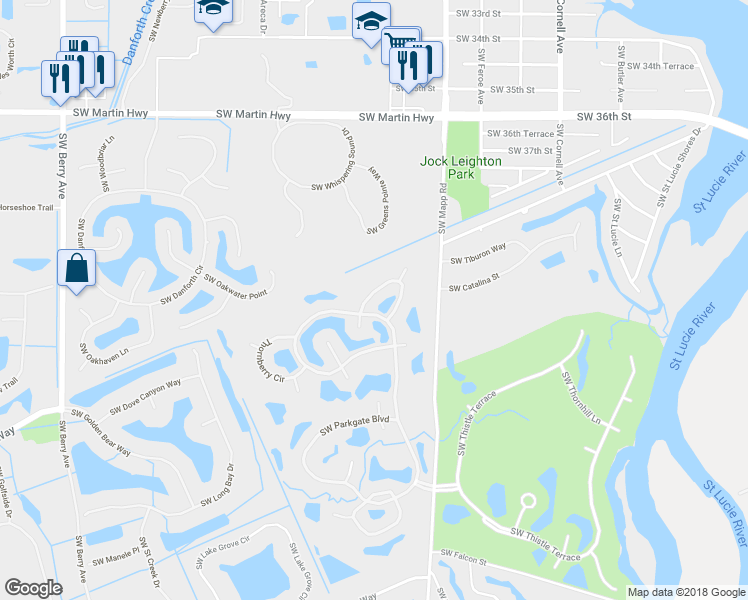 map of restaurants, bars, coffee shops, grocery stores, and more near 4173 Southwest Gleneagle Circle in Palm City
