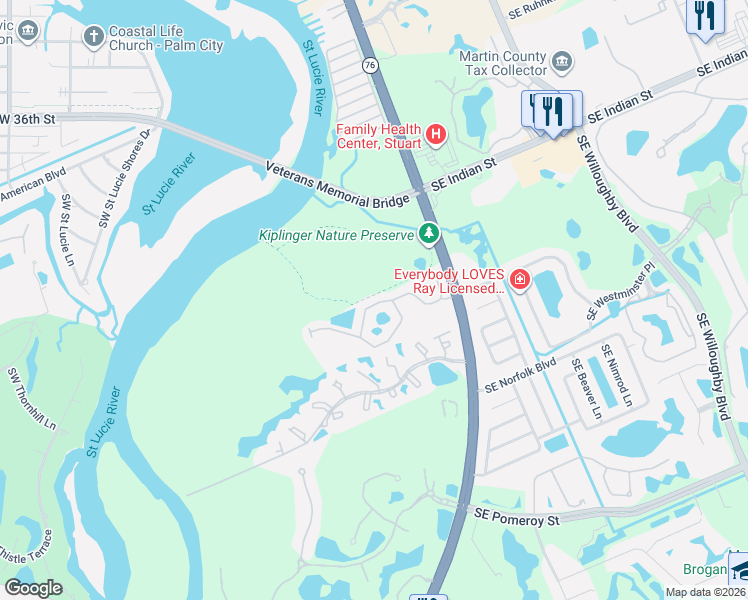 map of restaurants, bars, coffee shops, grocery stores, and more near 233 Southwest Otter Run Place in Stuart