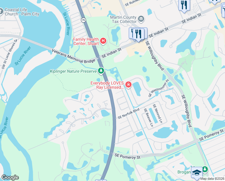 map of restaurants, bars, coffee shops, grocery stores, and more near 2 Southeast Cayuga Terrace in Stuart