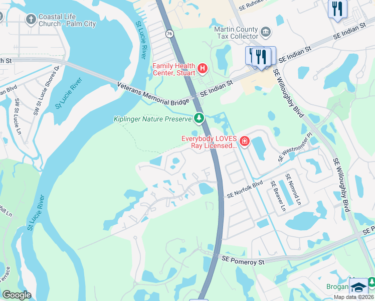 map of restaurants, bars, coffee shops, grocery stores, and more near 157 Southwest Otter Run Place in Stuart