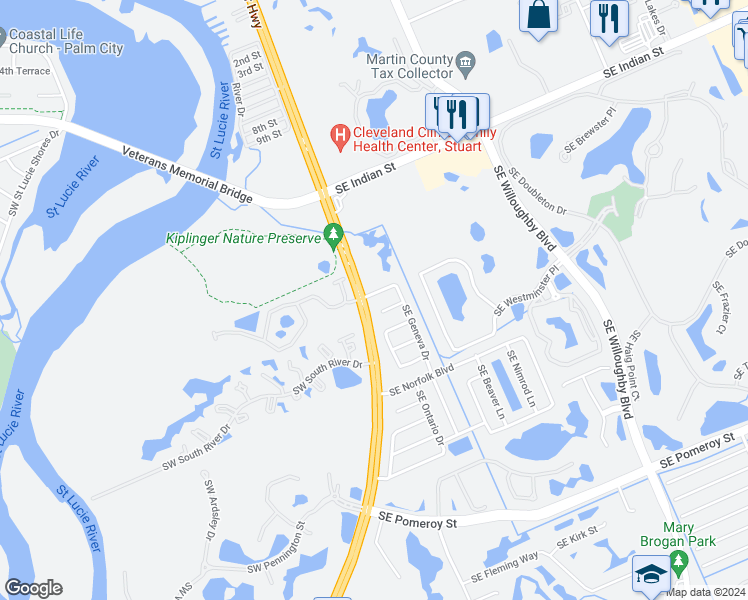 map of restaurants, bars, coffee shops, grocery stores, and more near 12 Southeast Cayuga Terrace in Stuart