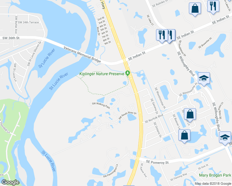 map of restaurants, bars, coffee shops, grocery stores, and more near 221 Southwest Otter Run Place in Stuart