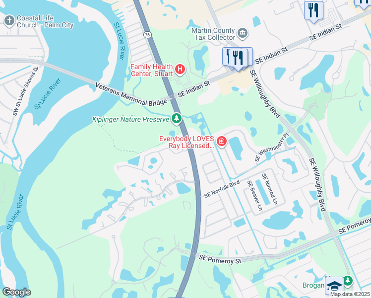 map of restaurants, bars, coffee shops, grocery stores, and more near 4289 Southwest Pine Cove Court in Stuart