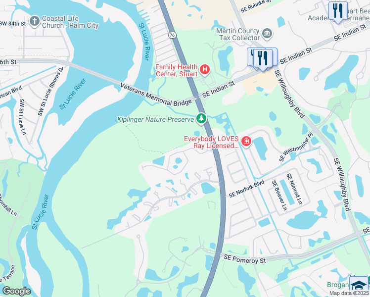 map of restaurants, bars, coffee shops, grocery stores, and more near 209 Southwest Otter Run Place in Stuart