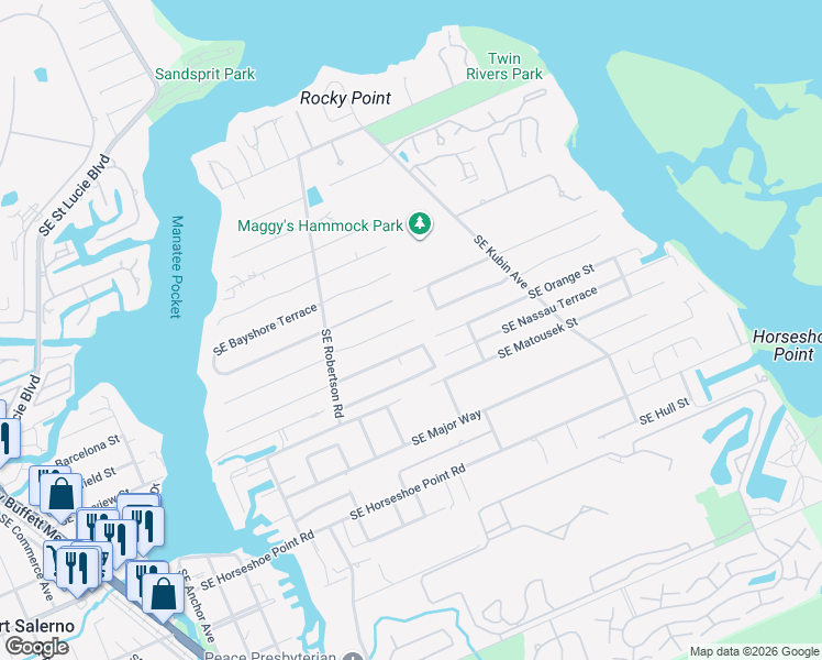 map of restaurants, bars, coffee shops, grocery stores, and more near 5080 Southeast Pine Ridge Way in Stuart