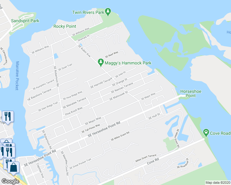 map of restaurants, bars, coffee shops, grocery stores, and more near 5312 Southeast Nassau Terrace in Stuart