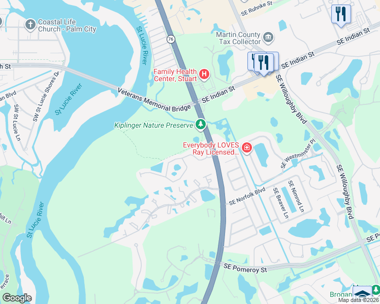 map of restaurants, bars, coffee shops, grocery stores, and more near 157 Southwest Otter Run Place in Stuart