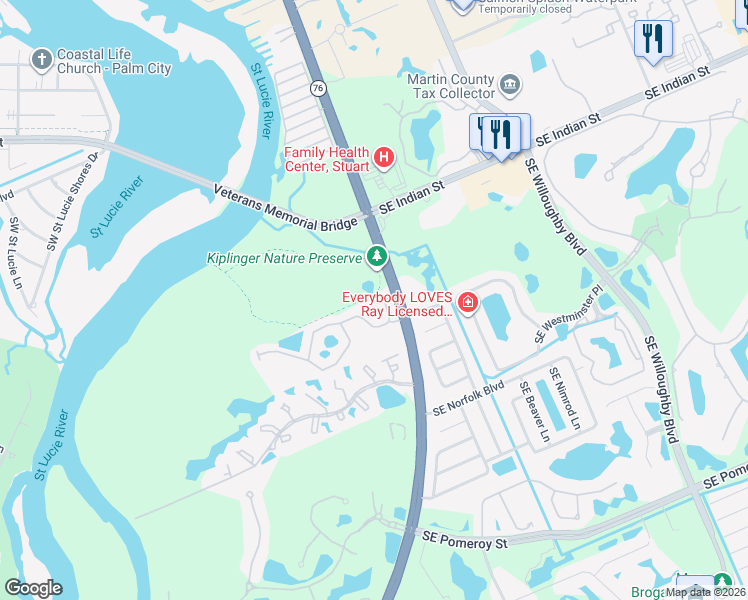 map of restaurants, bars, coffee shops, grocery stores, and more near 157 Southwest Otter Run Place in Stuart