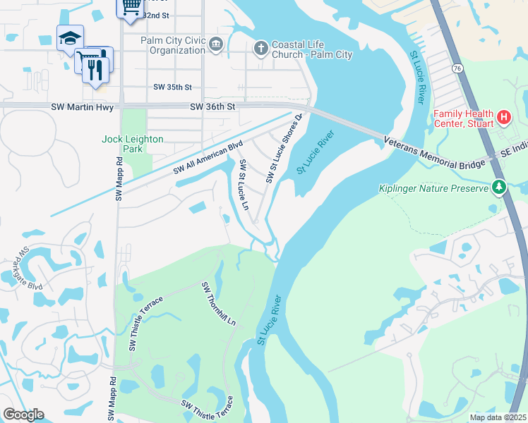 map of restaurants, bars, coffee shops, grocery stores, and more near 4029 Southwest Saint Lucie Shores Drive in Palm City