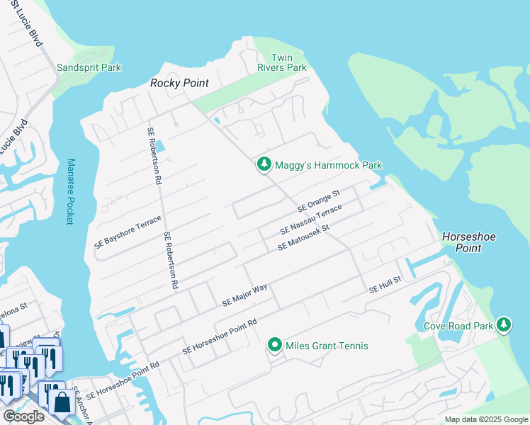 map of restaurants, bars, coffee shops, grocery stores, and more near 5222 Southeast Harrold Terrace in Stuart