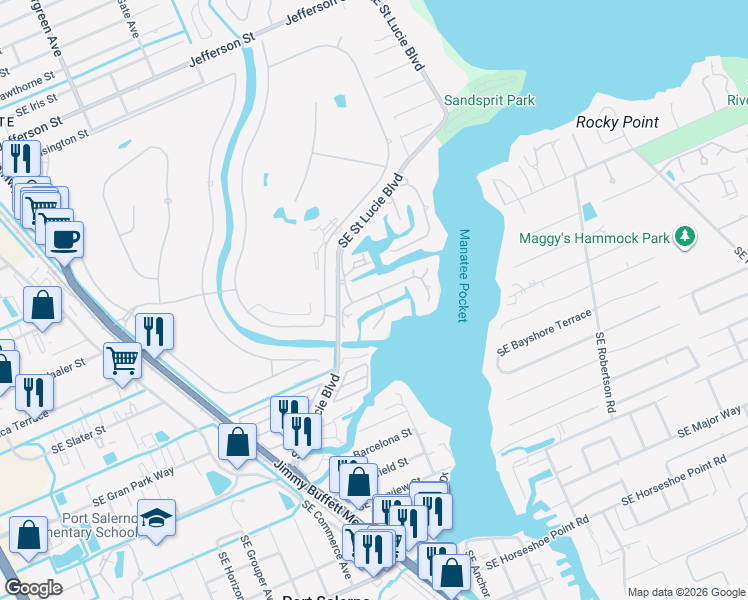 map of restaurants, bars, coffee shops, grocery stores, and more near 4089 Southeast Centerboard Lane in Stuart