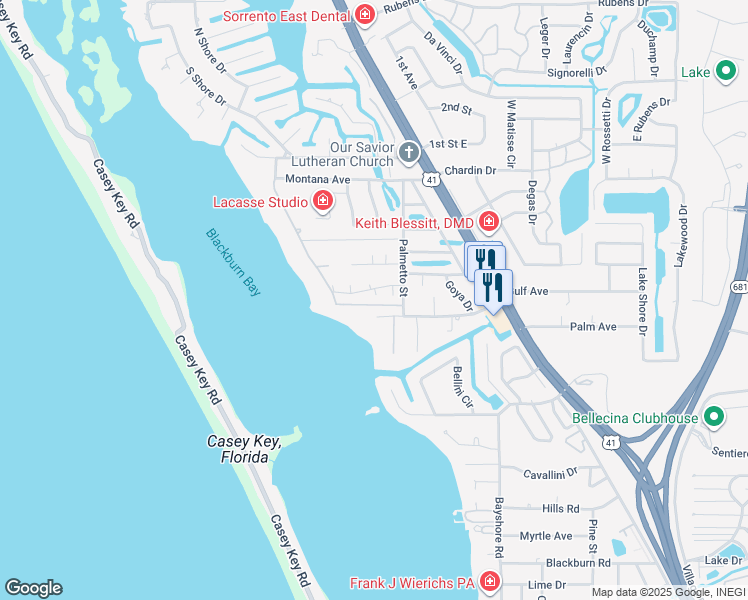 map of restaurants, bars, coffee shops, grocery stores, and more near 517 Casas Bonitas Circle in Nokomis