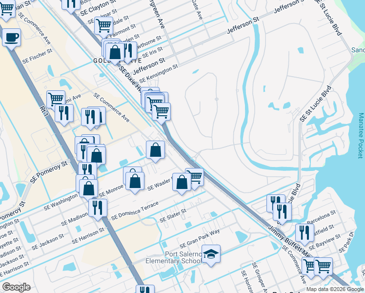 map of restaurants, bars, coffee shops, grocery stores, and more near 3992 Southeast Fairway West in Stuart