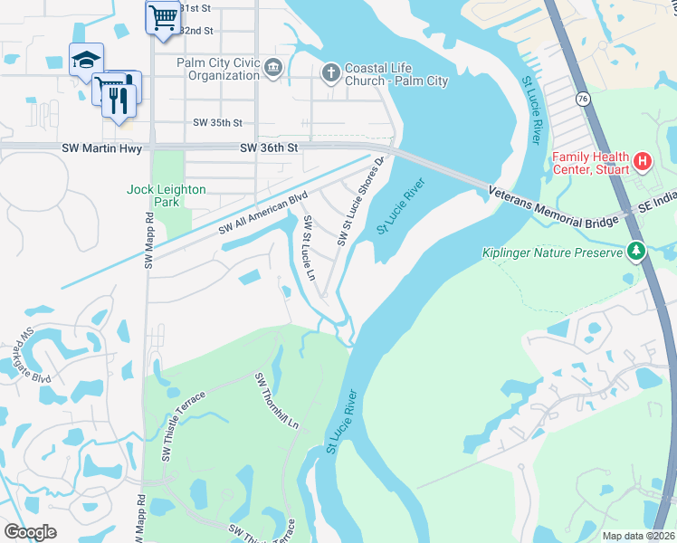 map of restaurants, bars, coffee shops, grocery stores, and more near 4029 Southwest Saint Lucie Shores Drive in Palm City