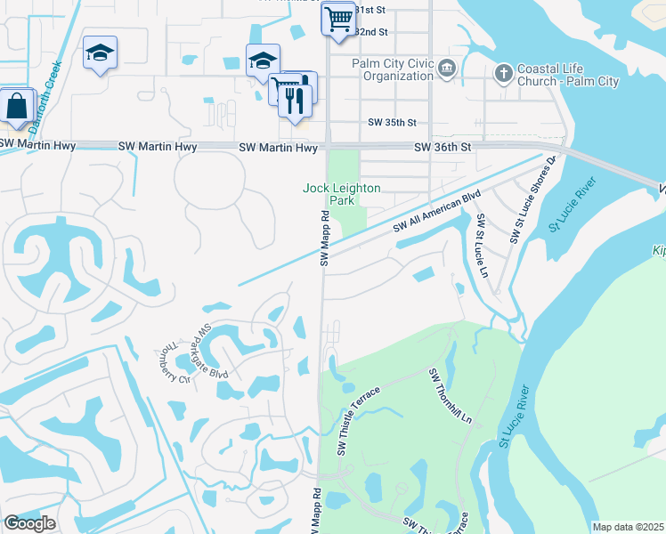 map of restaurants, bars, coffee shops, grocery stores, and more near 1203 Southwest Tiburon Way in Palm City