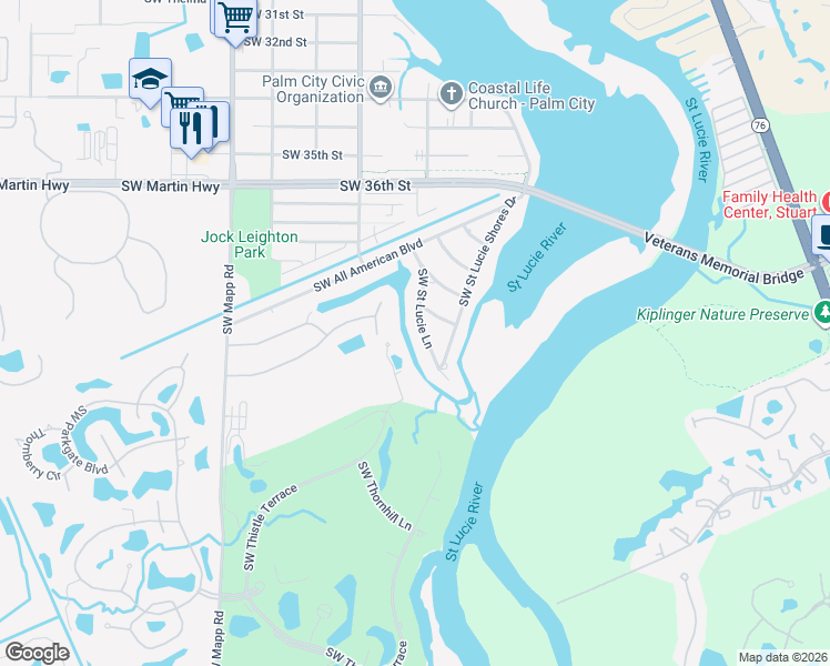 map of restaurants, bars, coffee shops, grocery stores, and more near 4000 Southwest Saint Lucie Lane in Palm City
