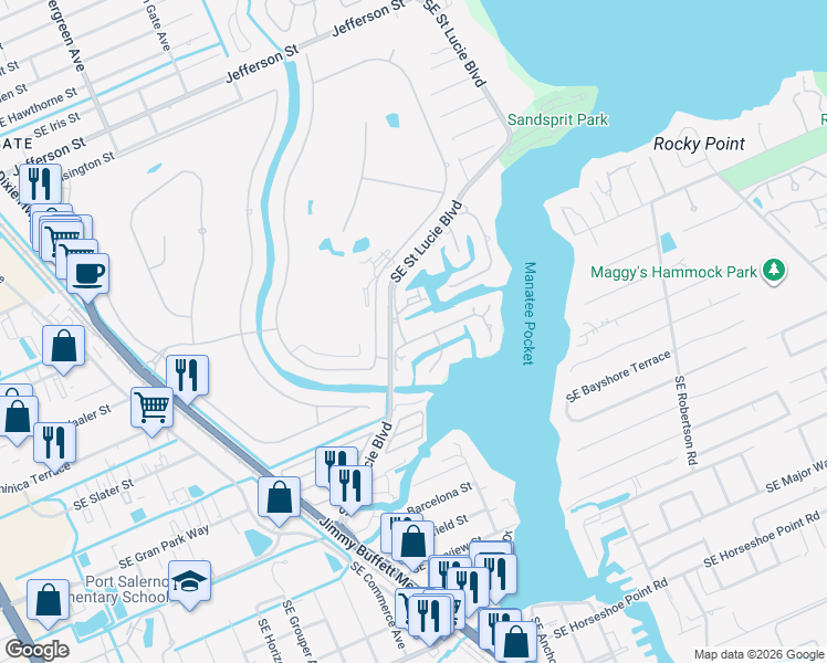 map of restaurants, bars, coffee shops, grocery stores, and more near 4097 Southeast Centerboard Lane in Stuart