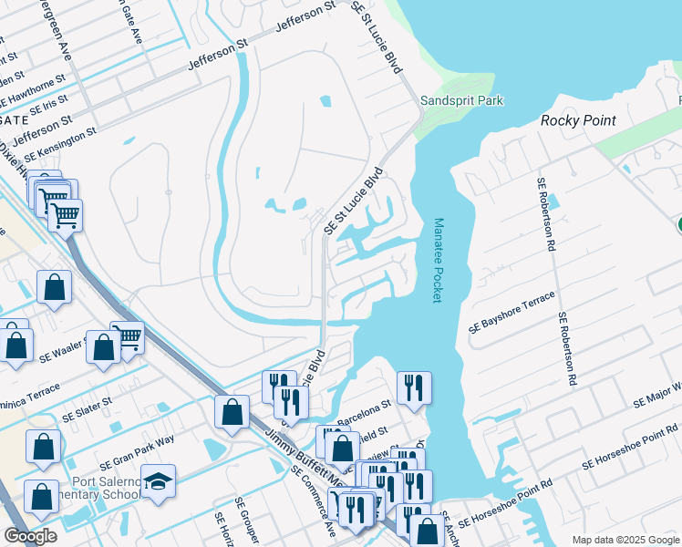 map of restaurants, bars, coffee shops, grocery stores, and more near 4089 Southeast Centerboard Lane in Stuart
