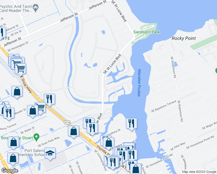 map of restaurants, bars, coffee shops, grocery stores, and more near 4089 Southeast Centerboard Lane in Stuart