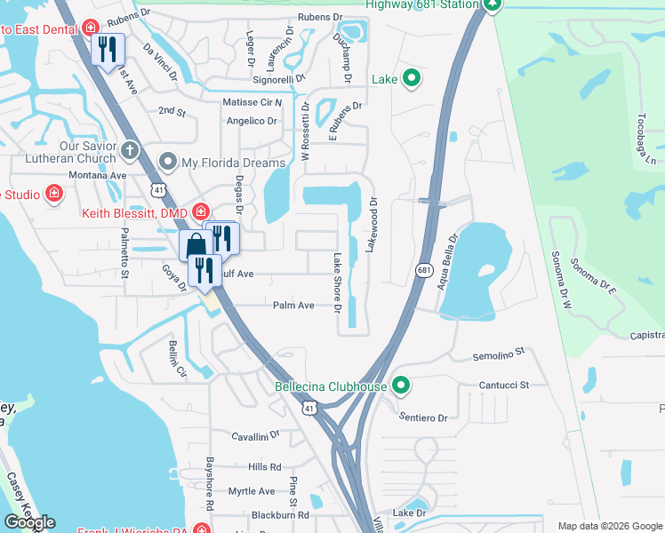 map of restaurants, bars, coffee shops, grocery stores, and more near 221 Gulf Avenue in Nokomis