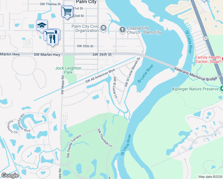 map of restaurants, bars, coffee shops, grocery stores, and more near 4000 Southwest Saint Lucie Lane in Palm City