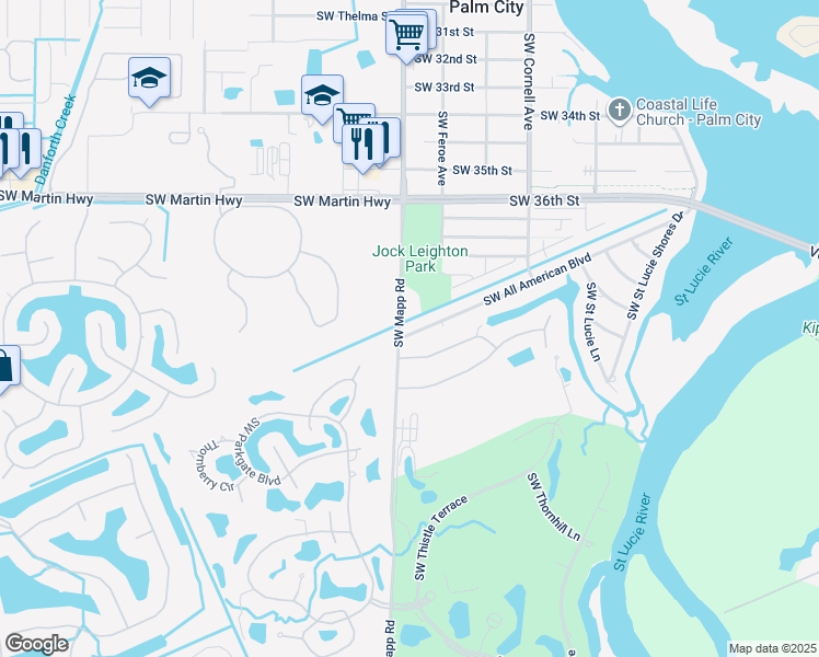 map of restaurants, bars, coffee shops, grocery stores, and more near 1203 Southwest Tiburon Way in Palm City
