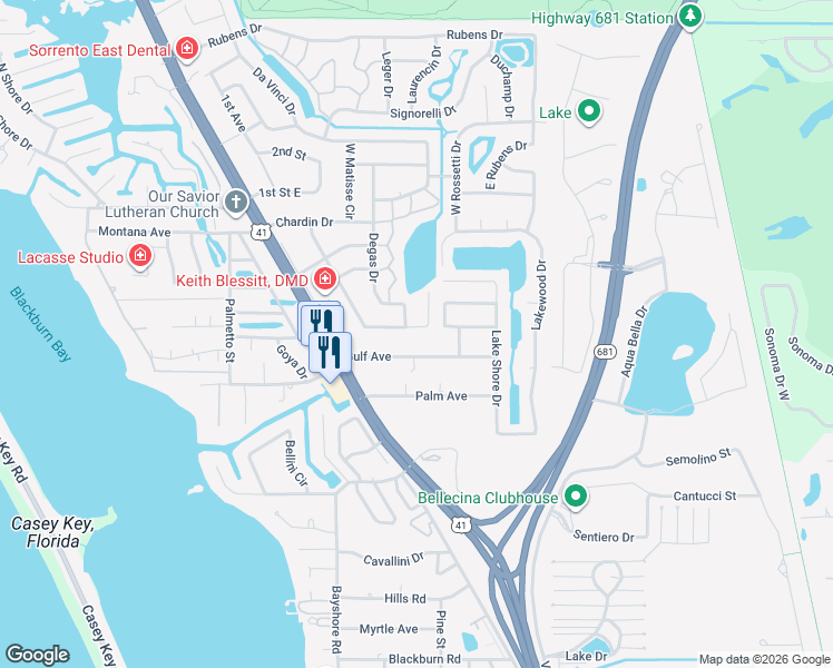 map of restaurants, bars, coffee shops, grocery stores, and more near 104 Degas Drive in Nokomis
