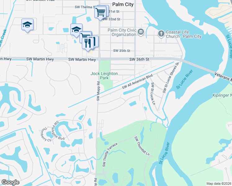 map of restaurants, bars, coffee shops, grocery stores, and more near 1006 Southwest All American Boulevard in Palm City