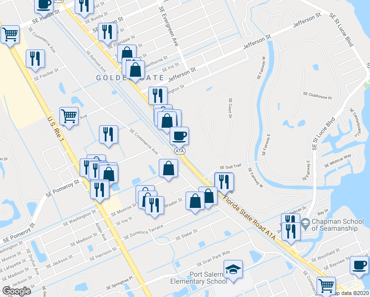 map of restaurants, bars, coffee shops, grocery stores, and more near 3932 Southeast Fairway West in Stuart
