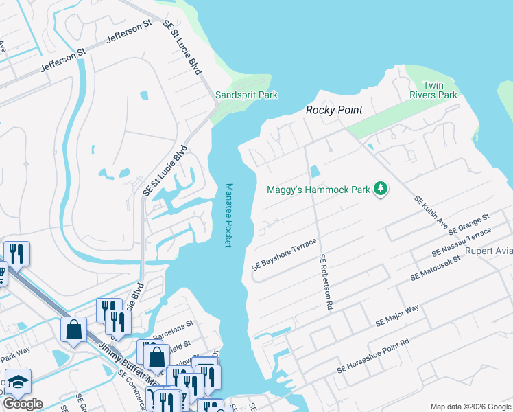 map of restaurants, bars, coffee shops, grocery stores, and more near 4589 Southeast Rocky Point Way in Stuart