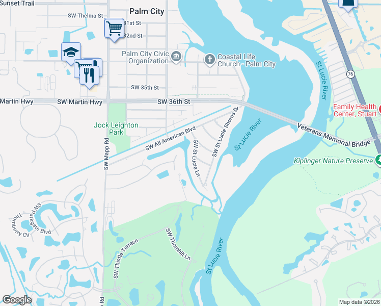 map of restaurants, bars, coffee shops, grocery stores, and more near 3878 Southwest Sailfish Drive in Palm City