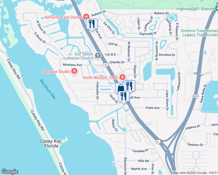 map of restaurants, bars, coffee shops, grocery stores, and more near 109 Tortuga Drive in Nokomis