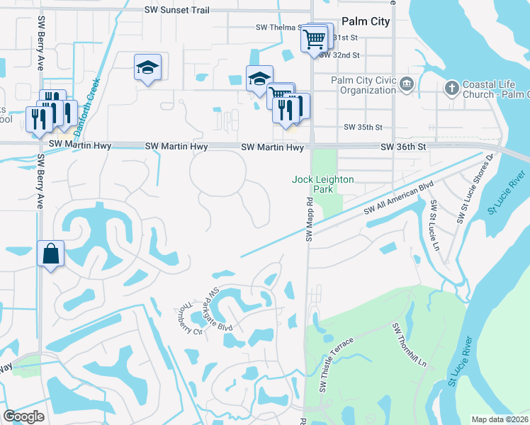 map of restaurants, bars, coffee shops, grocery stores, and more near 1434 Southwest Greens Pointe Way in Palm City