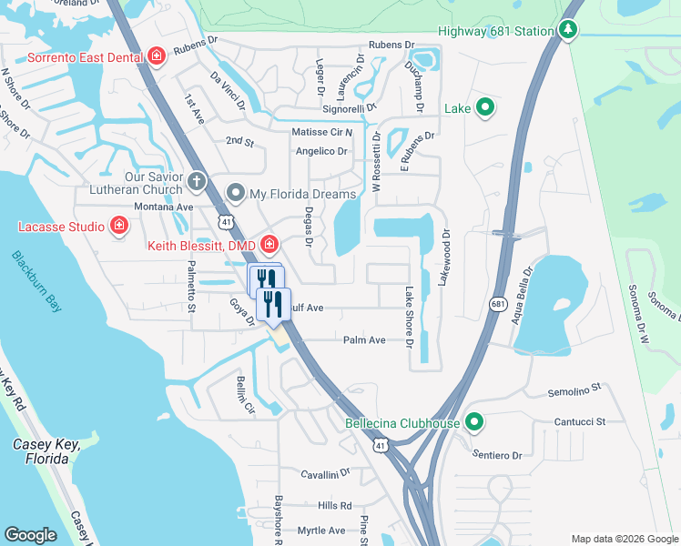 map of restaurants, bars, coffee shops, grocery stores, and more near 104 Degas Drive in Nokomis