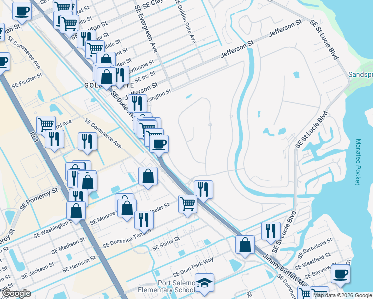 map of restaurants, bars, coffee shops, grocery stores, and more near 3271 Southeast Court Drive in Stuart