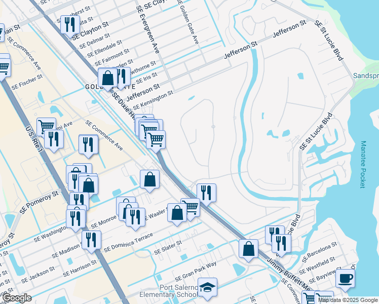 map of restaurants, bars, coffee shops, grocery stores, and more near 3271 Southeast Court Drive in Stuart