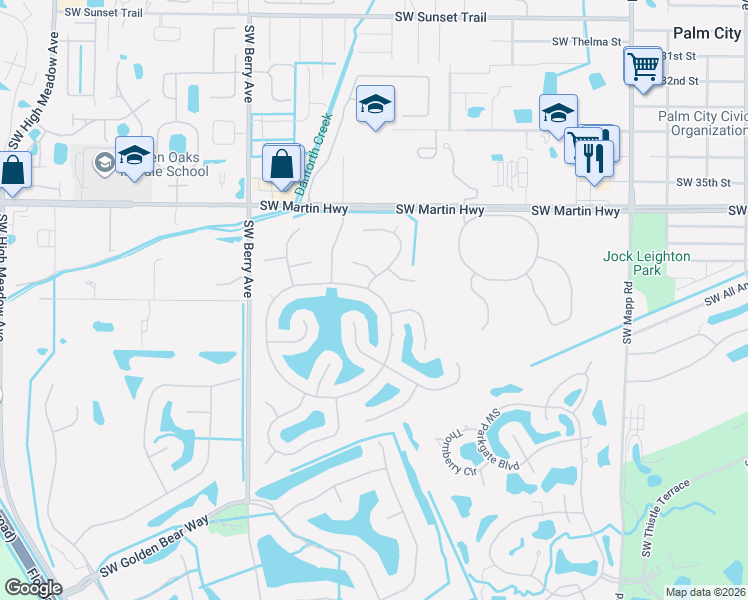 map of restaurants, bars, coffee shops, grocery stores, and more near 2360 Southwest Danforth Circle in Palm City