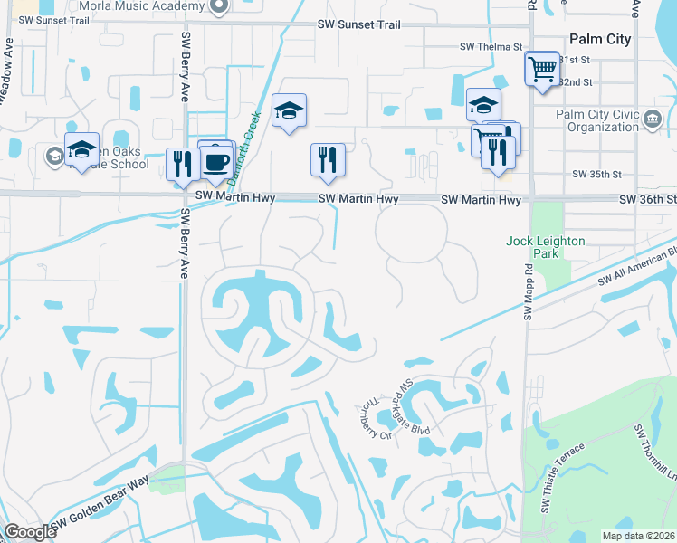 map of restaurants, bars, coffee shops, grocery stores, and more near 1961 Southwest Autumnwood Way in Palm City